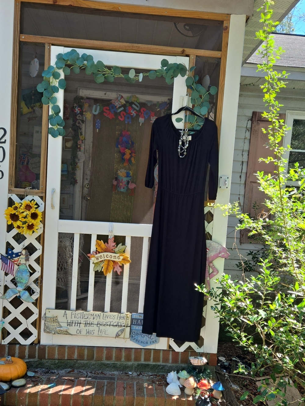 Chico's Off-Black 3/4 Sleeve Maxi Dress W/Glitter Necklace